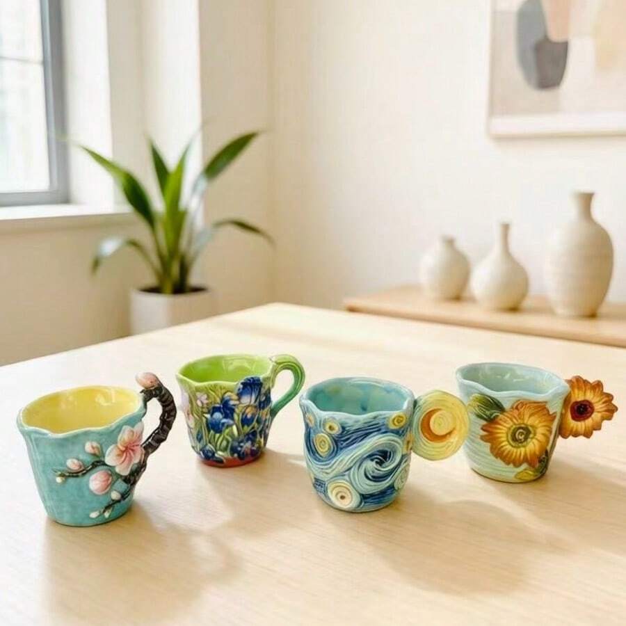 4pcs Van Gogh series embossed  - đánh giá và giá Coffee Tea Van