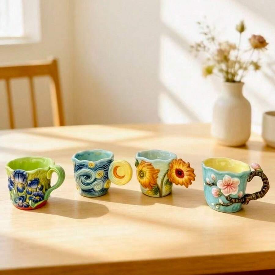 4pcs Van Gogh series embossed  - đánh giá và giá Coffee Tea Van