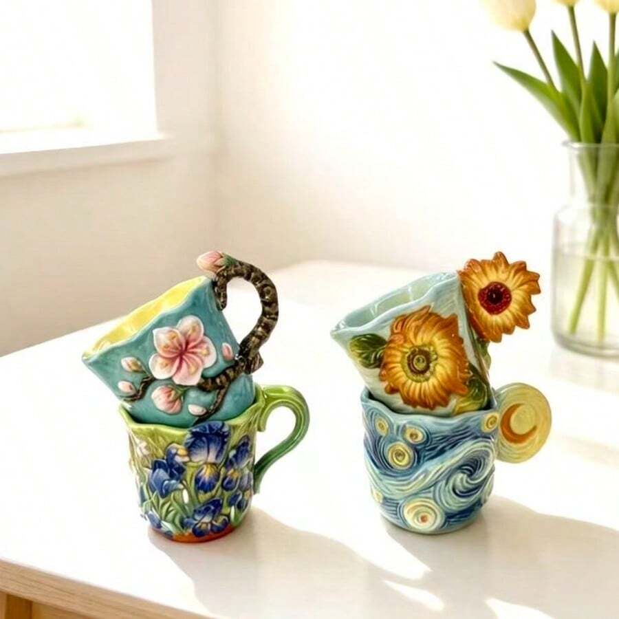 4pcs Van Gogh series embossed  - đánh giá và giá Coffee Tea Van